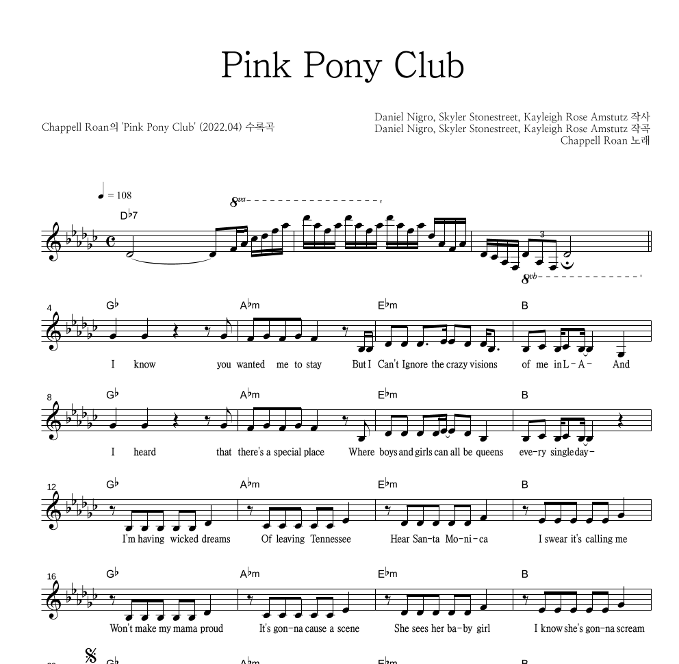 Pink Pony Club 멜로디 악보 미리보기