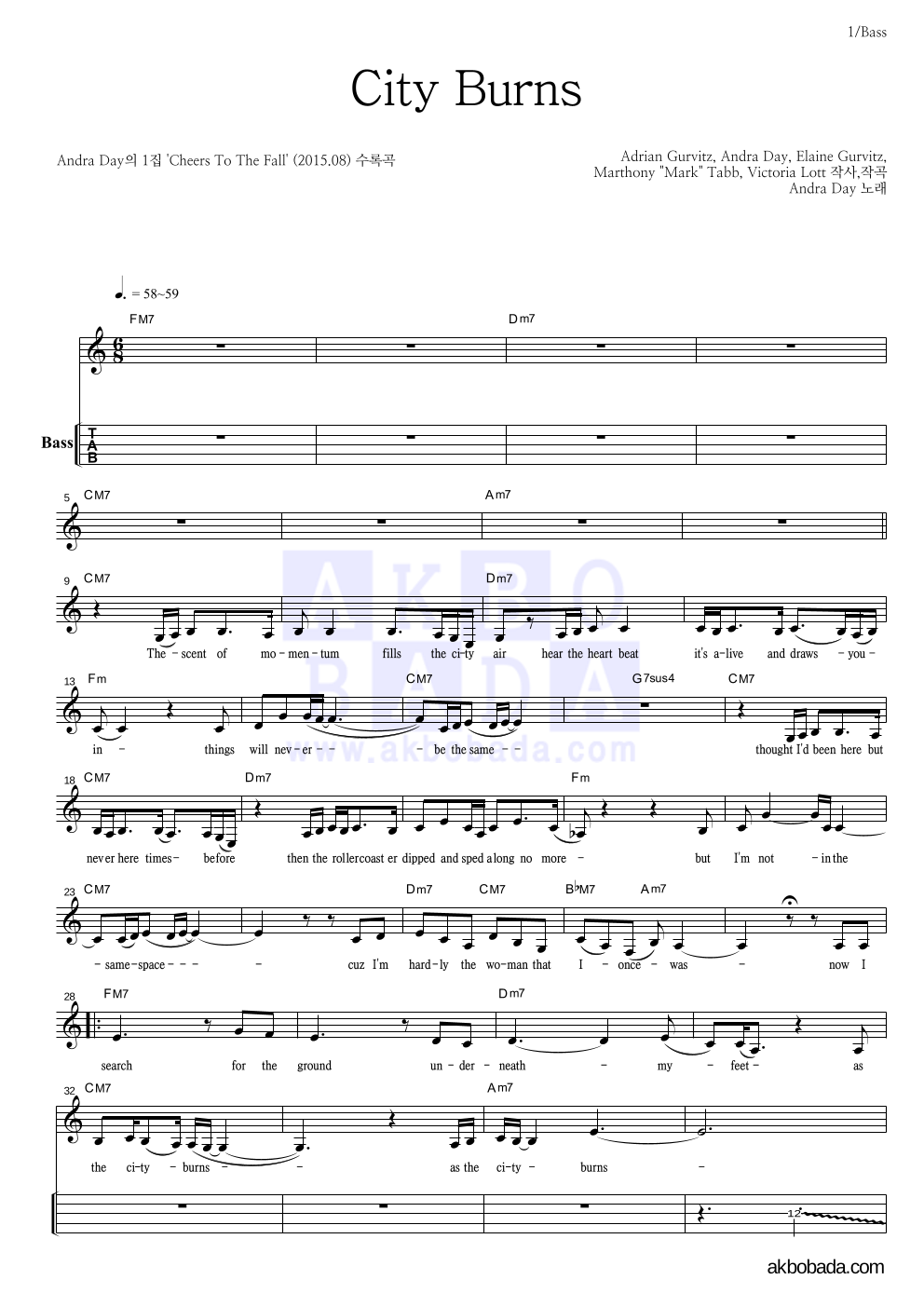 City Burns (전지현 '헤라' 광고 삽입곡) 베이스(Tab) 악보 미리보기