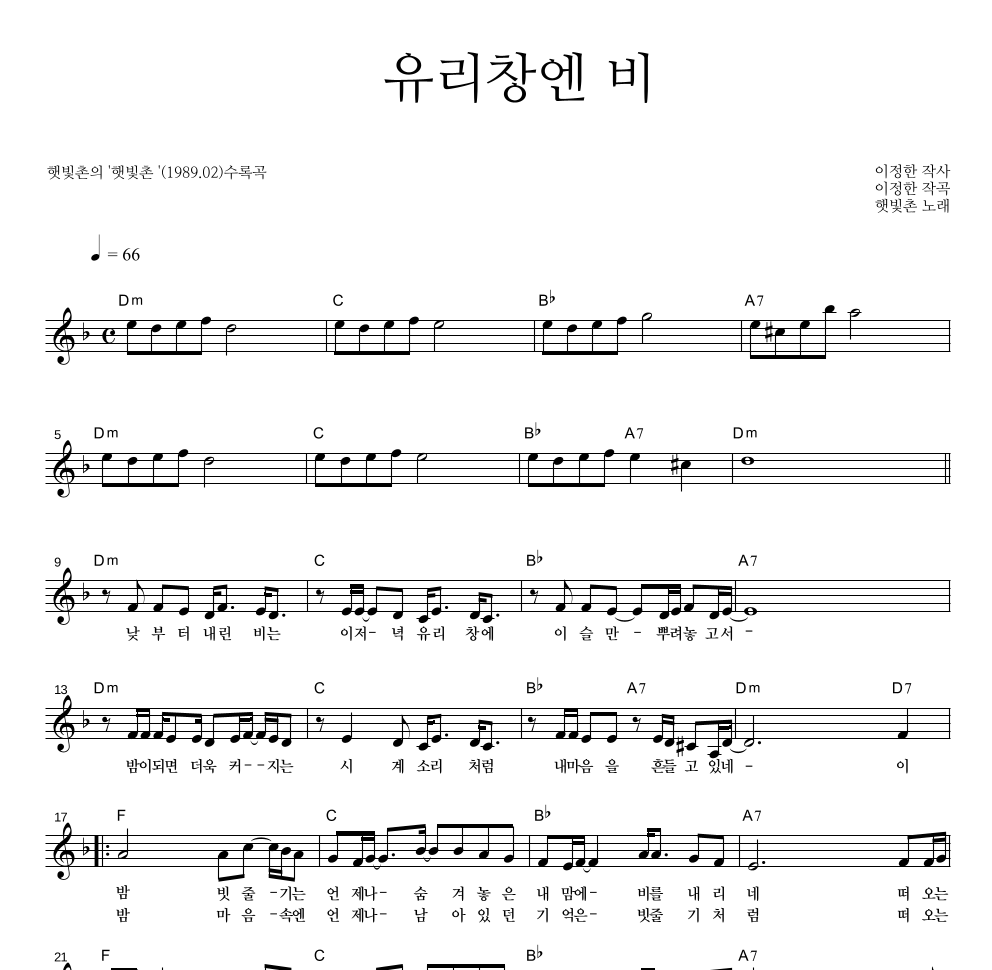 유리창엔 비 멜로디 악보 미리보기