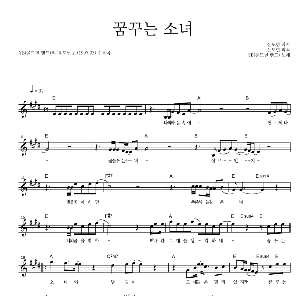 꿈꾸는 소녀 멜로디 악보 미리보기