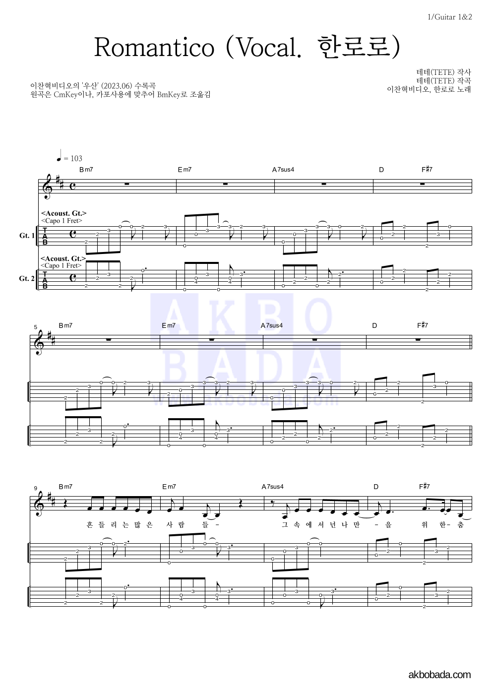 Romantico (Vocal. 한로로) 기타(Tab) 악보 미리보기