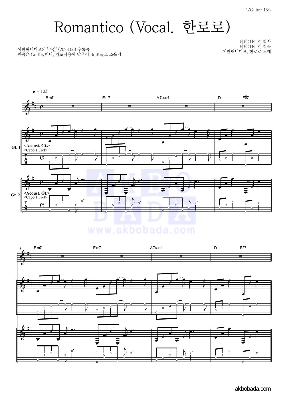 Romantico (Vocal. 한로로) 기타 악보 미리보기