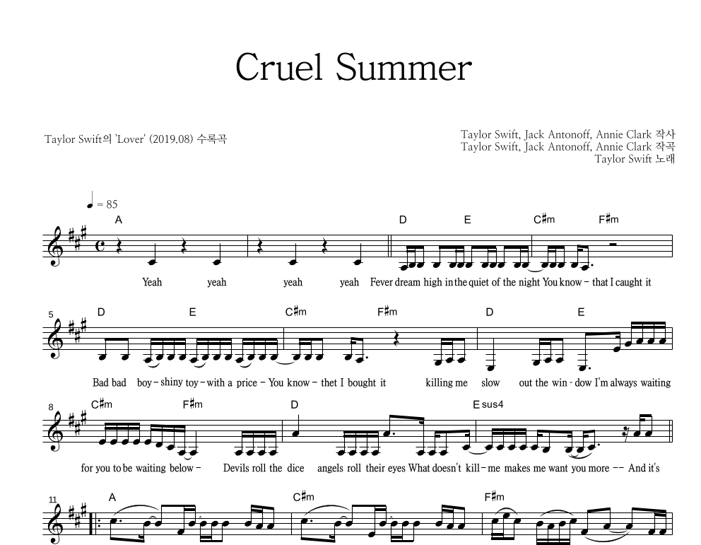 Cruel Summer 멜로디 악보 미리보기