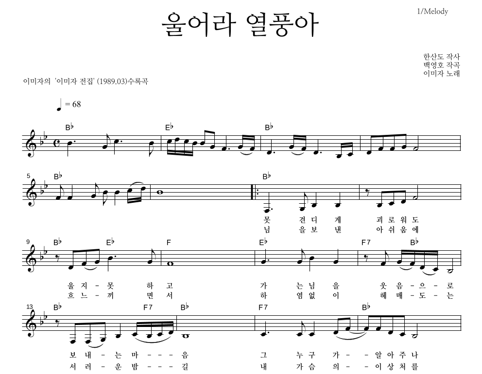 울어라 열풍아 멜로디 악보 미리보기