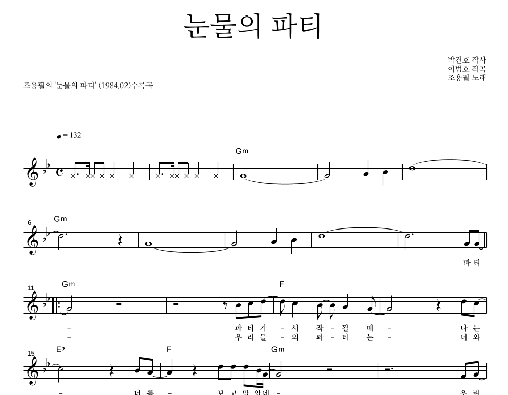 눈물의 파티 멜로디 악보 미리보기