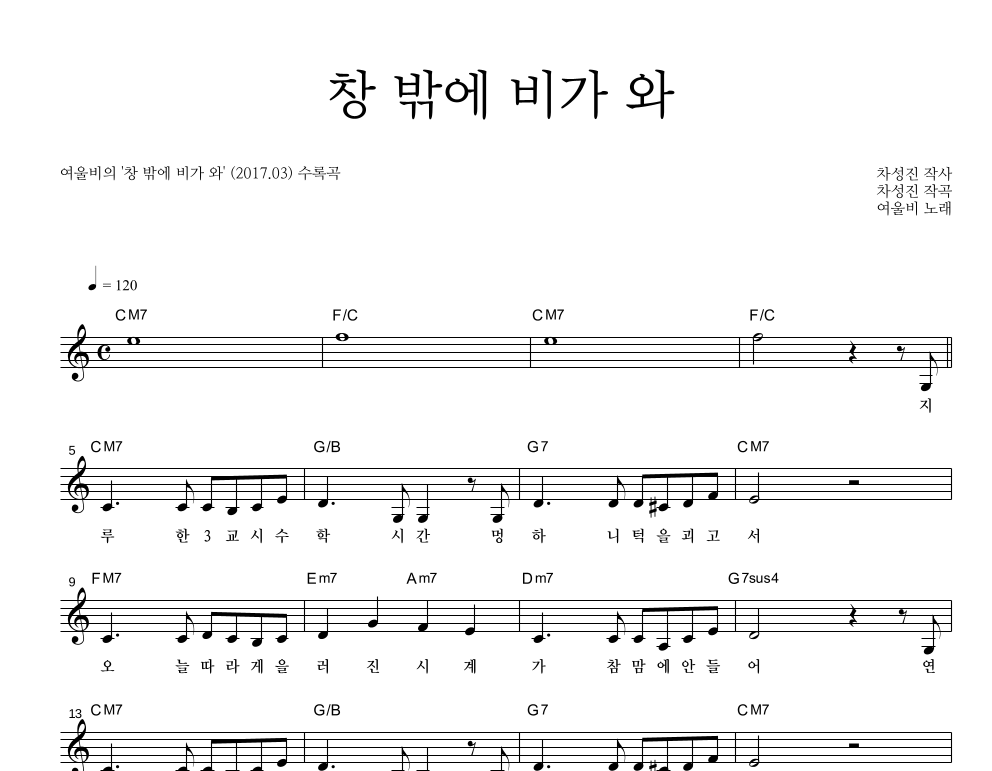 창 밖에 비가 와 멜로디 악보 미리보기