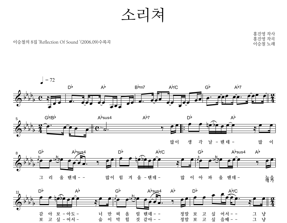 소리쳐 멜로디 악보 미리보기