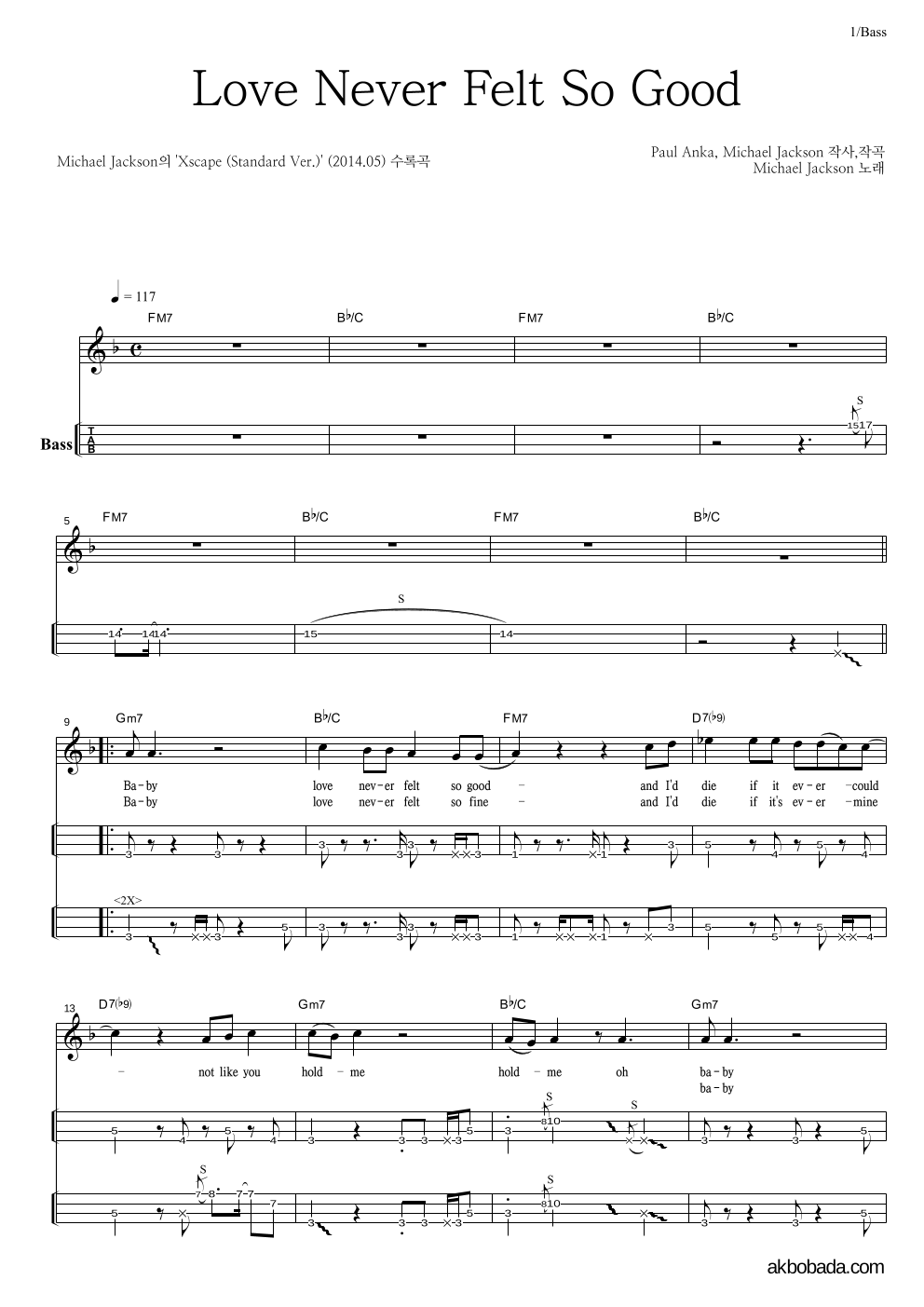 Love Never Felt So Good 베이스(Tab) 악보 미리보기