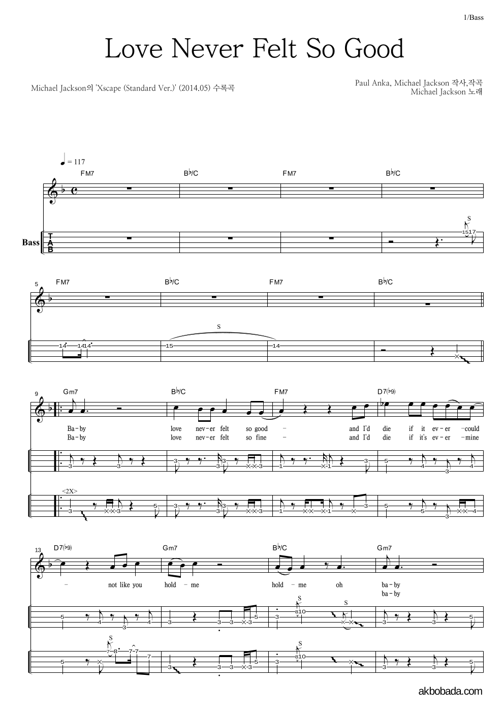 Love Never Felt So Good 베이스(Tab) 악보 미리보기