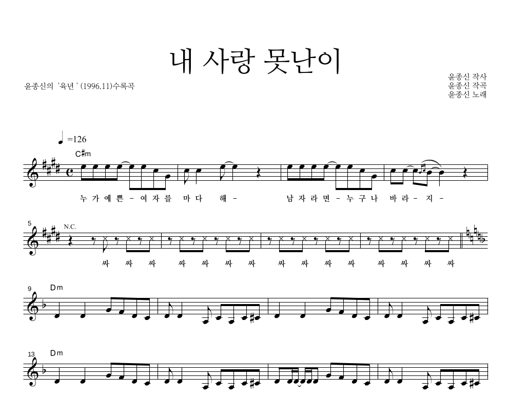 내 사랑 못난이 멜로디 악보 미리보기