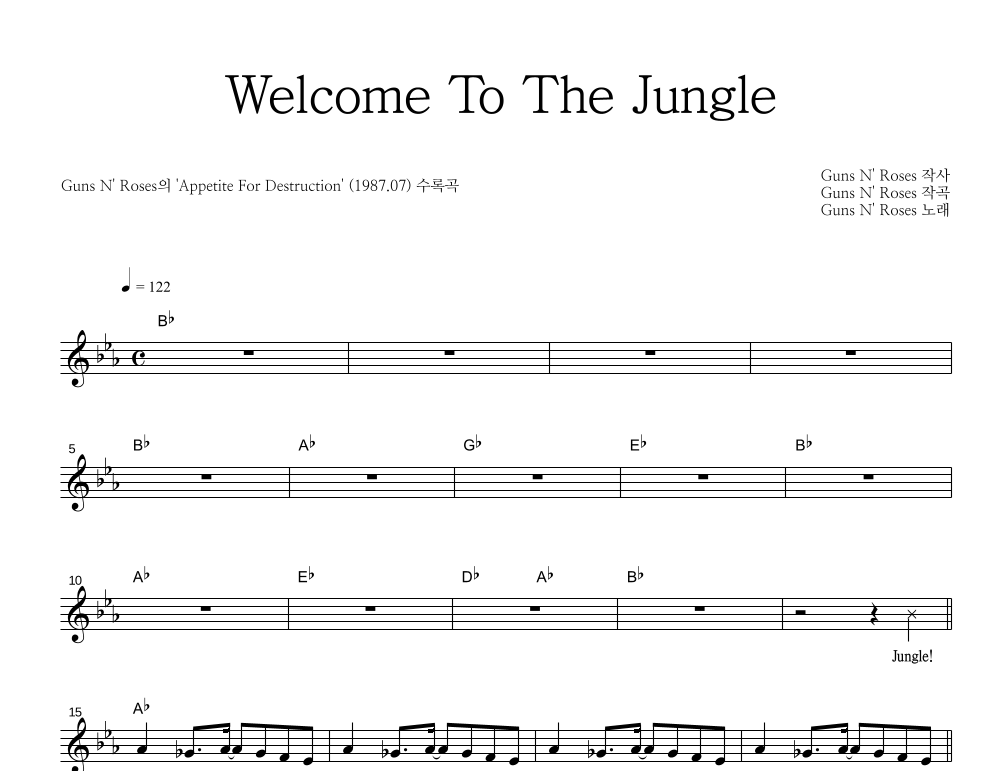 Welcome To The Jungle 멜로디 악보 미리보기