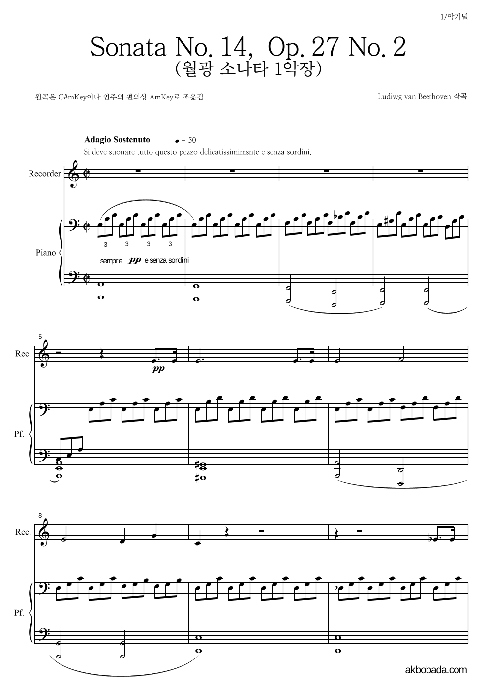 월광 SONATE 1악장 리코더&피아노 악보 미리보기