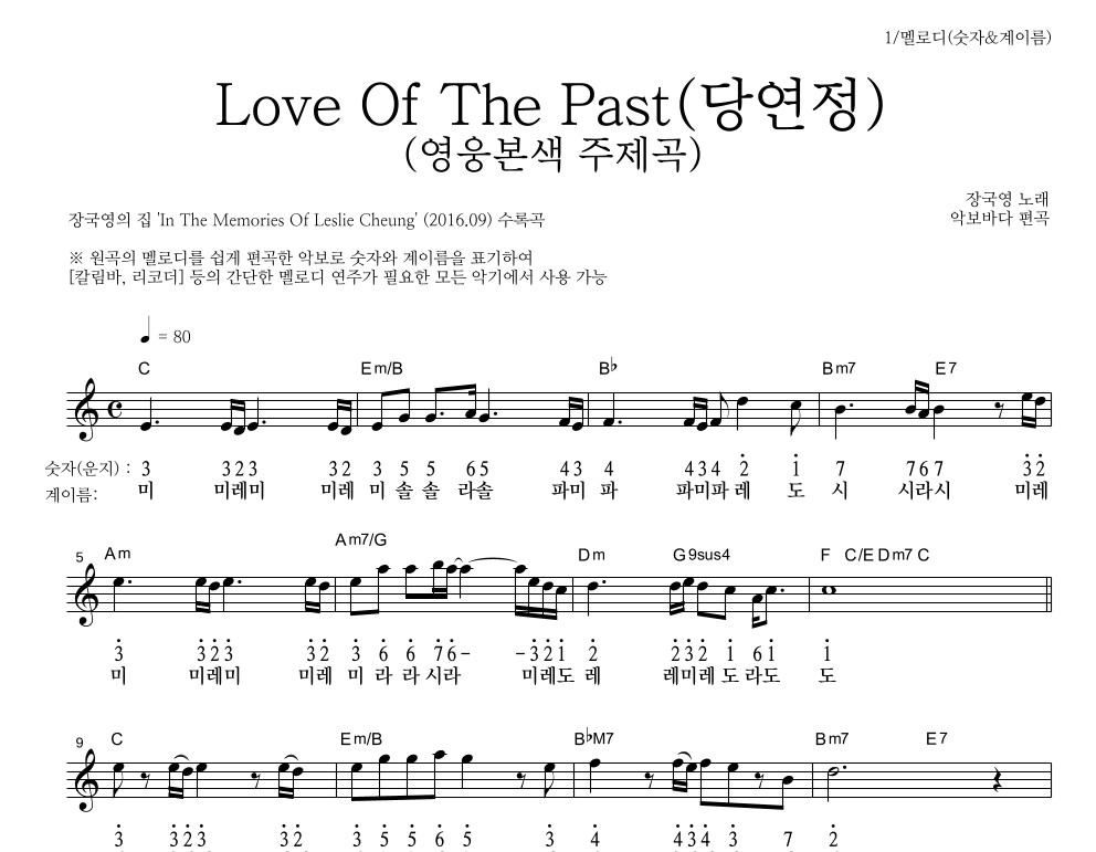 Love Of The Past (당연정) (영웅본색 주제곡) 멜로디-숫자&계이름 악보 미리보기