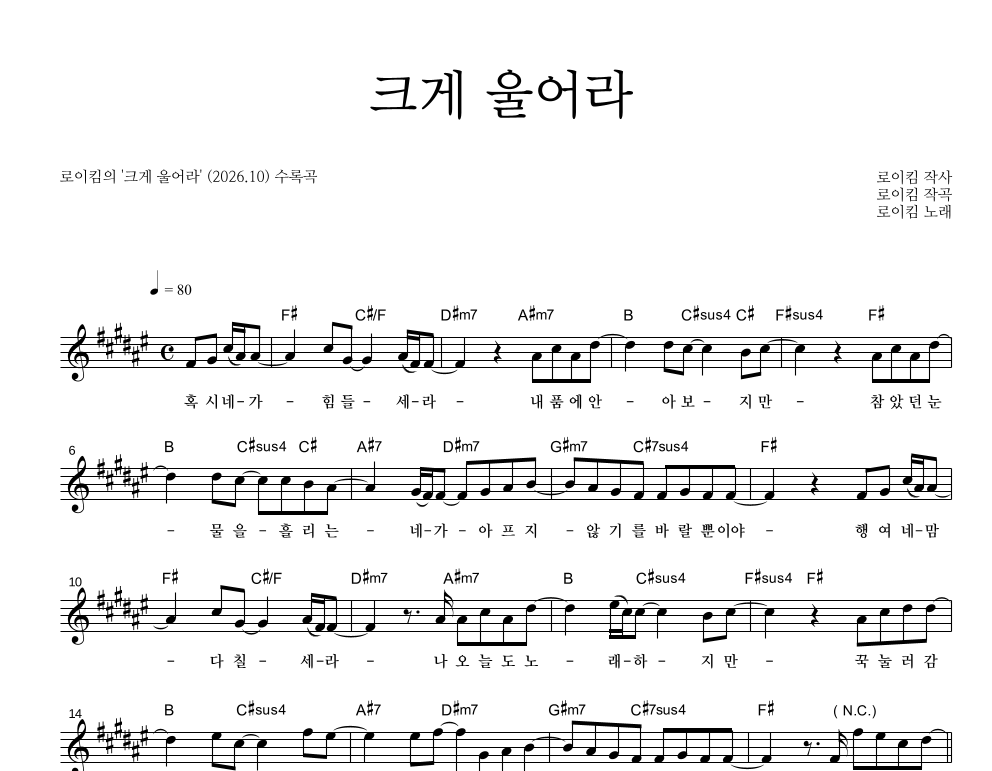 크게 울어라 멜로디 악보 미리보기