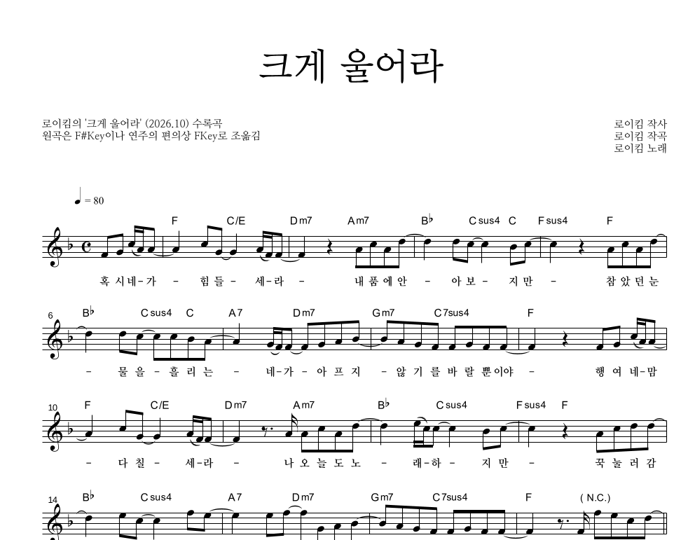 크게 울어라 멜로디 악보 미리보기