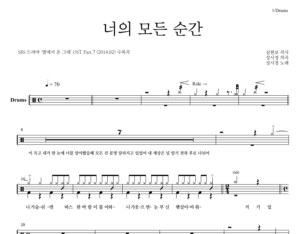 너의 모든 순간 드럼(Tab) 악보 미리보기