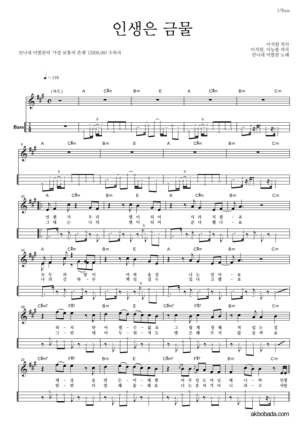인생은 금물 베이스(Tab) 악보 미리보기