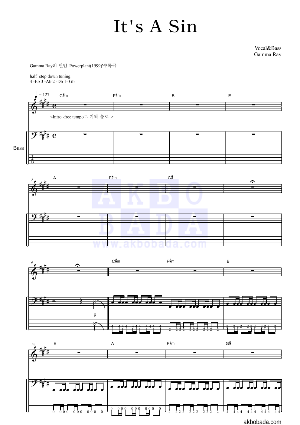 It's a Sin 베이스 악보 미리보기