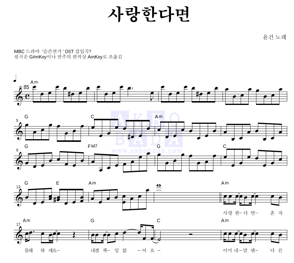 사랑한다면 멜로디 악보 미리보기