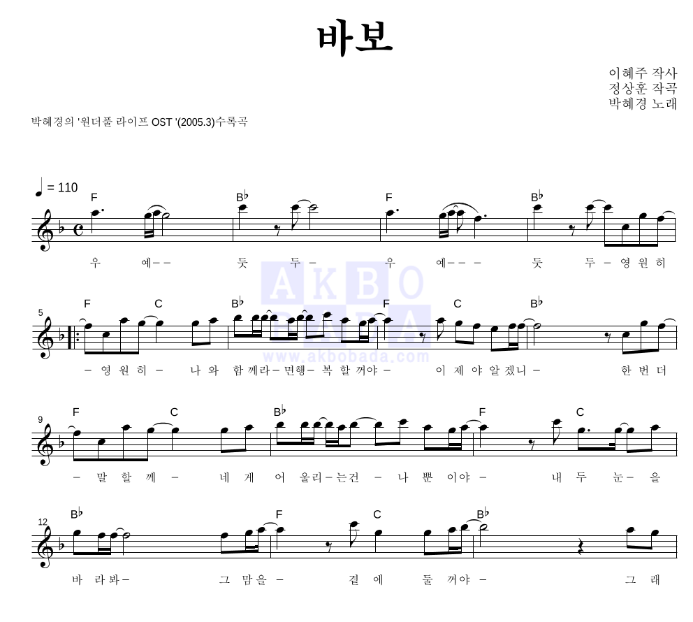 바보 멜로디 악보 미리보기
