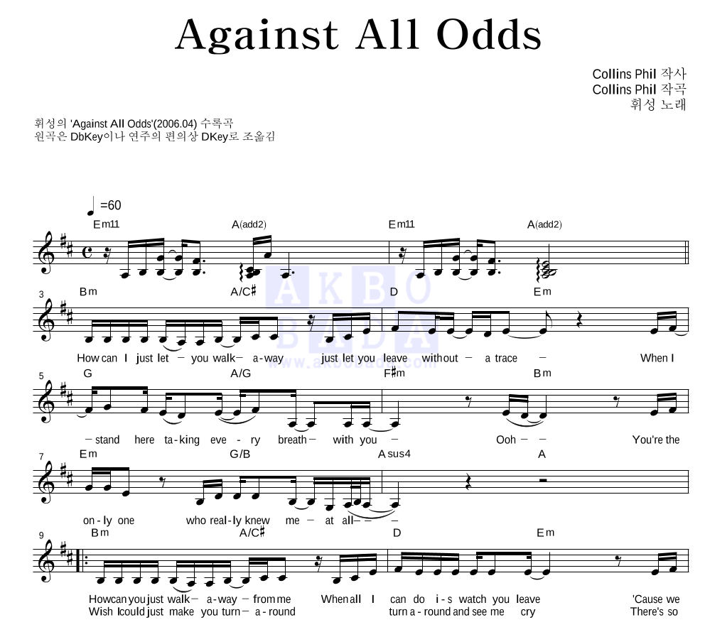 Against All Odds 멜로디 악보 미리보기