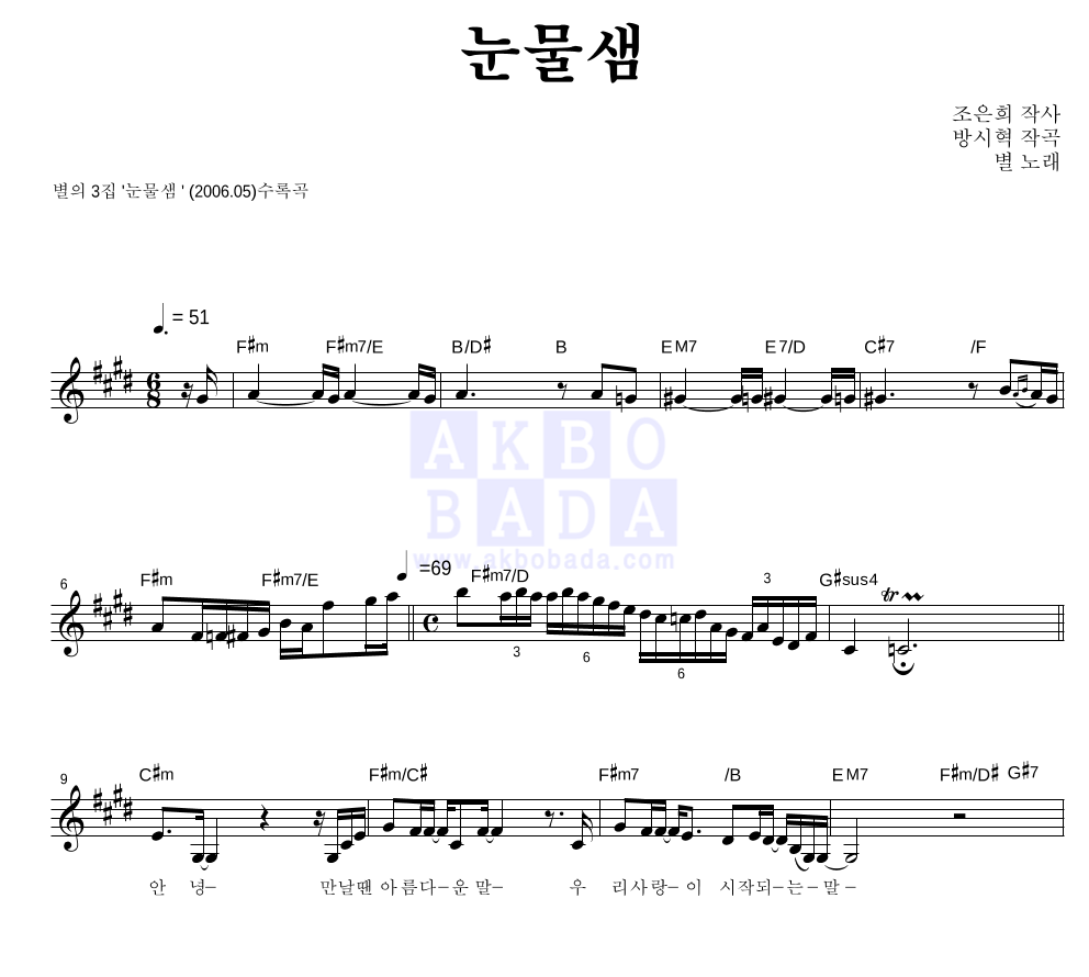 눈물샘 멜로디 악보 미리보기