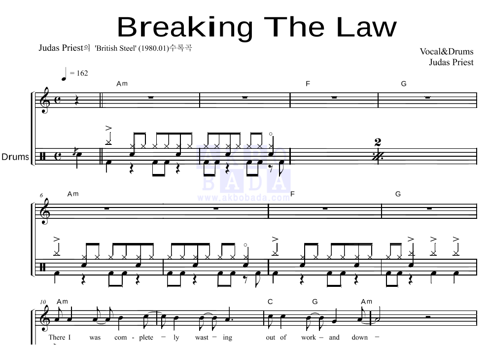 Breaking The Law 드럼 악보 미리보기