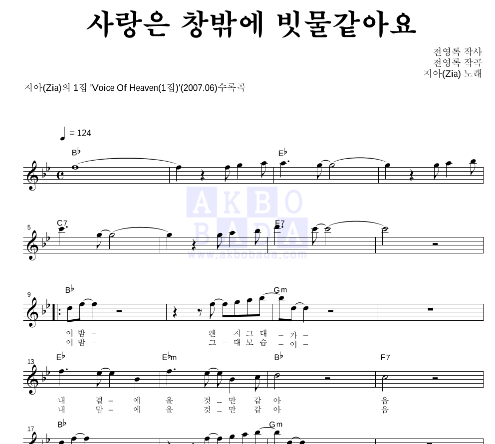 사랑은 창밖의 빗물 같아요 멜로디 악보 미리보기