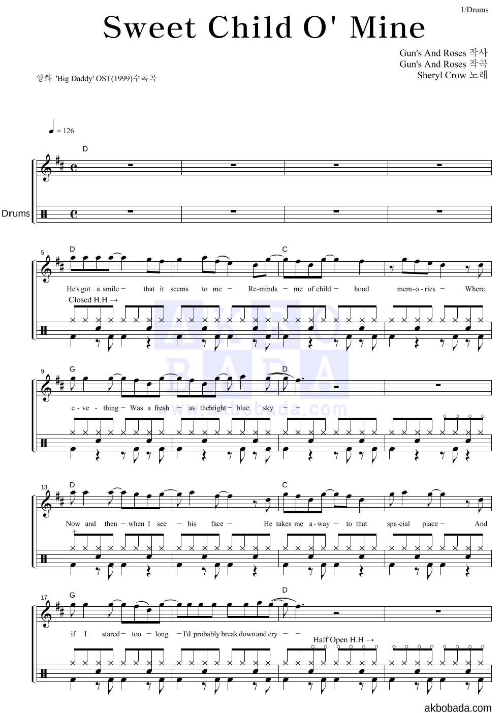 Sweet Child O' Mine 드럼 악보 미리보기