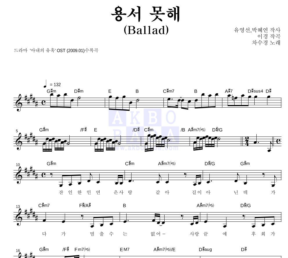 용서 못해 (Ballad) 멜로디 악보 미리보기