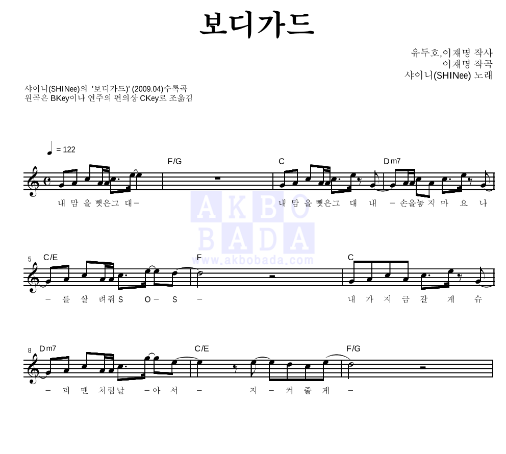 보디가드 멜로디 악보 미리보기