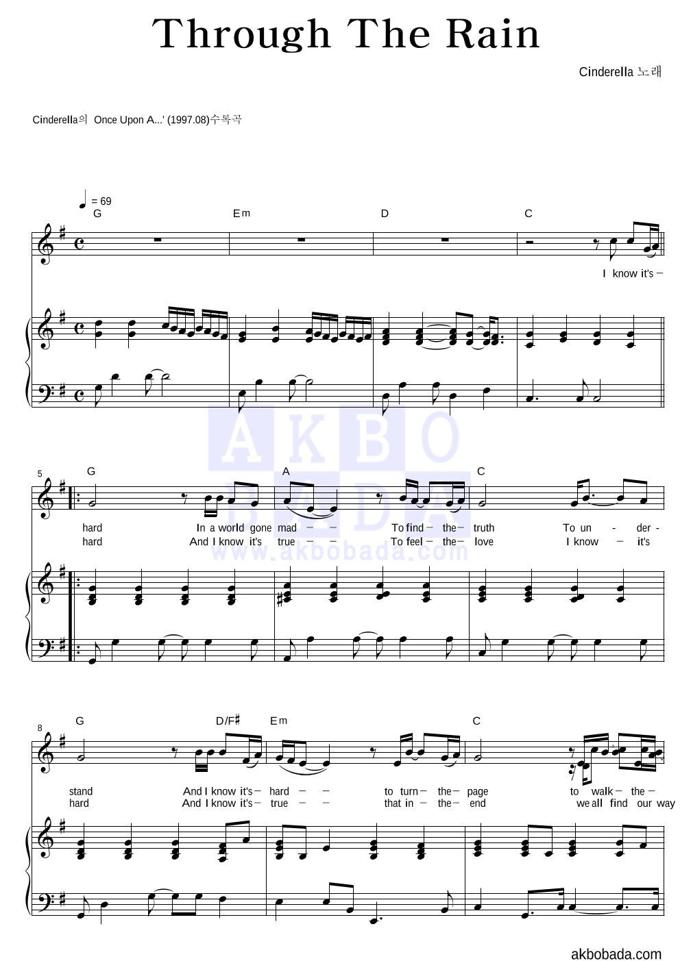 Through The Rain 피아노 3단 악보 미리보기