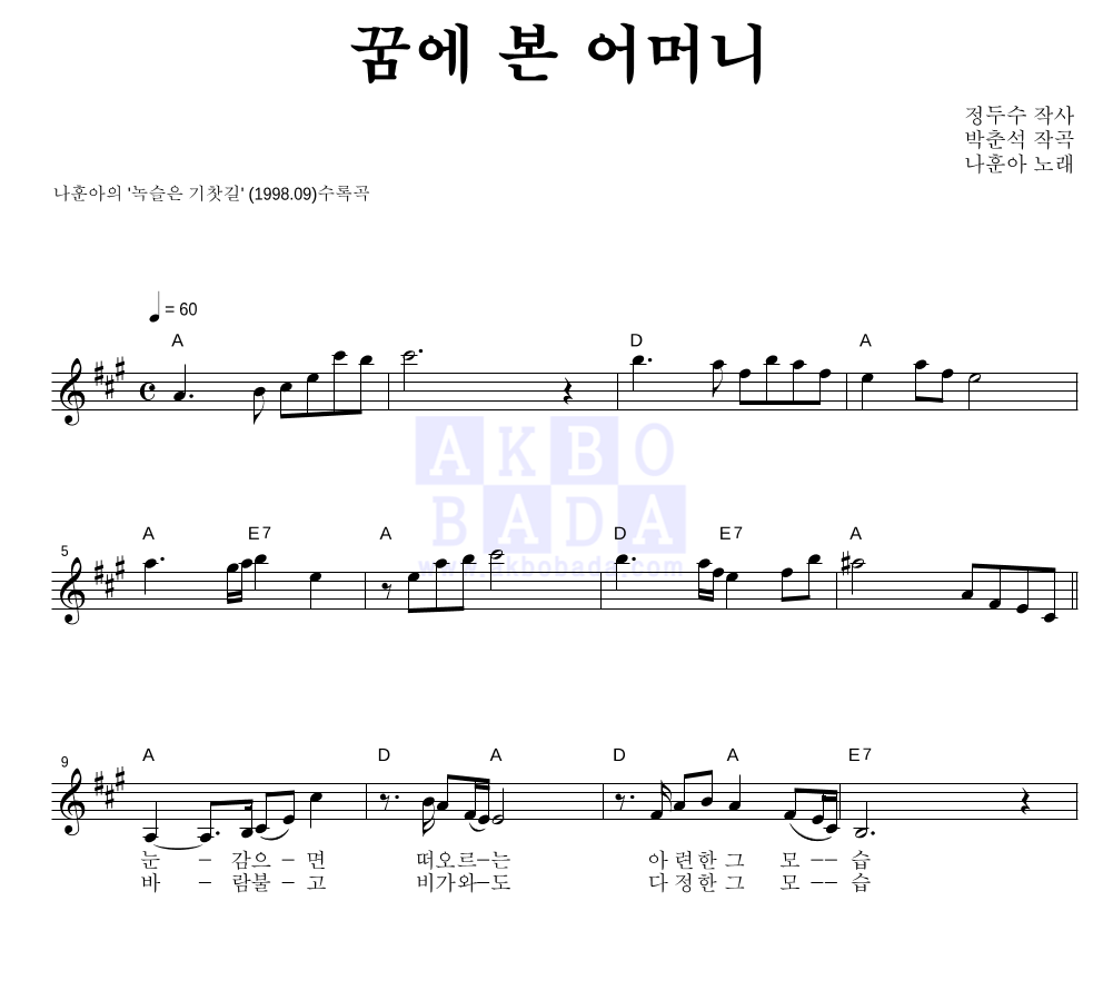 꿈에 본 어머니 멜로디 악보 미리보기