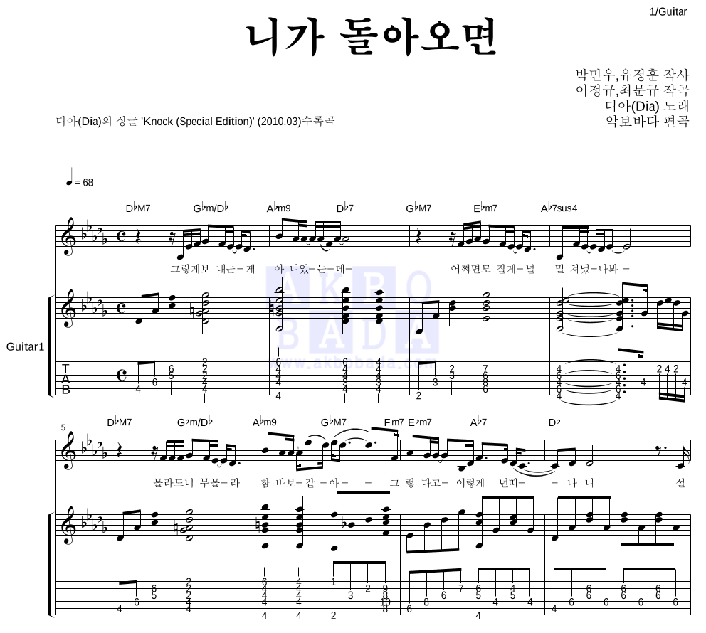니가 돌아오면 통기타 (반주편곡) 악보 미리보기