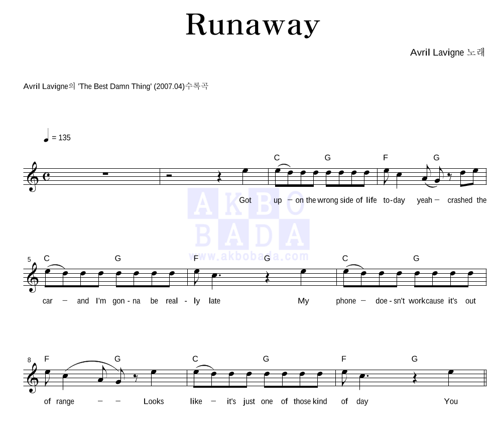 Runaway 멜로디 악보 미리보기