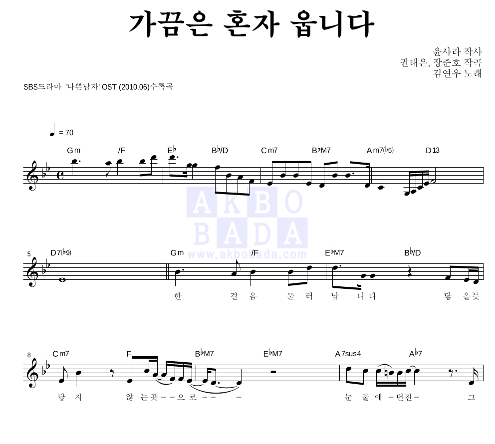 가끔은 혼자 웁니다 멜로디 악보 미리보기
