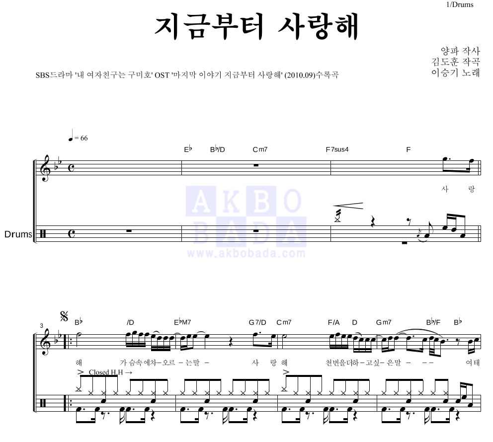 지금부터 사랑해 드럼 악보 미리보기