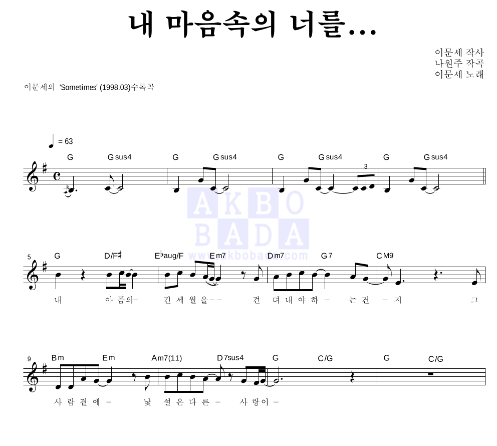 내 마음속의 너를... 멜로디 악보 미리보기