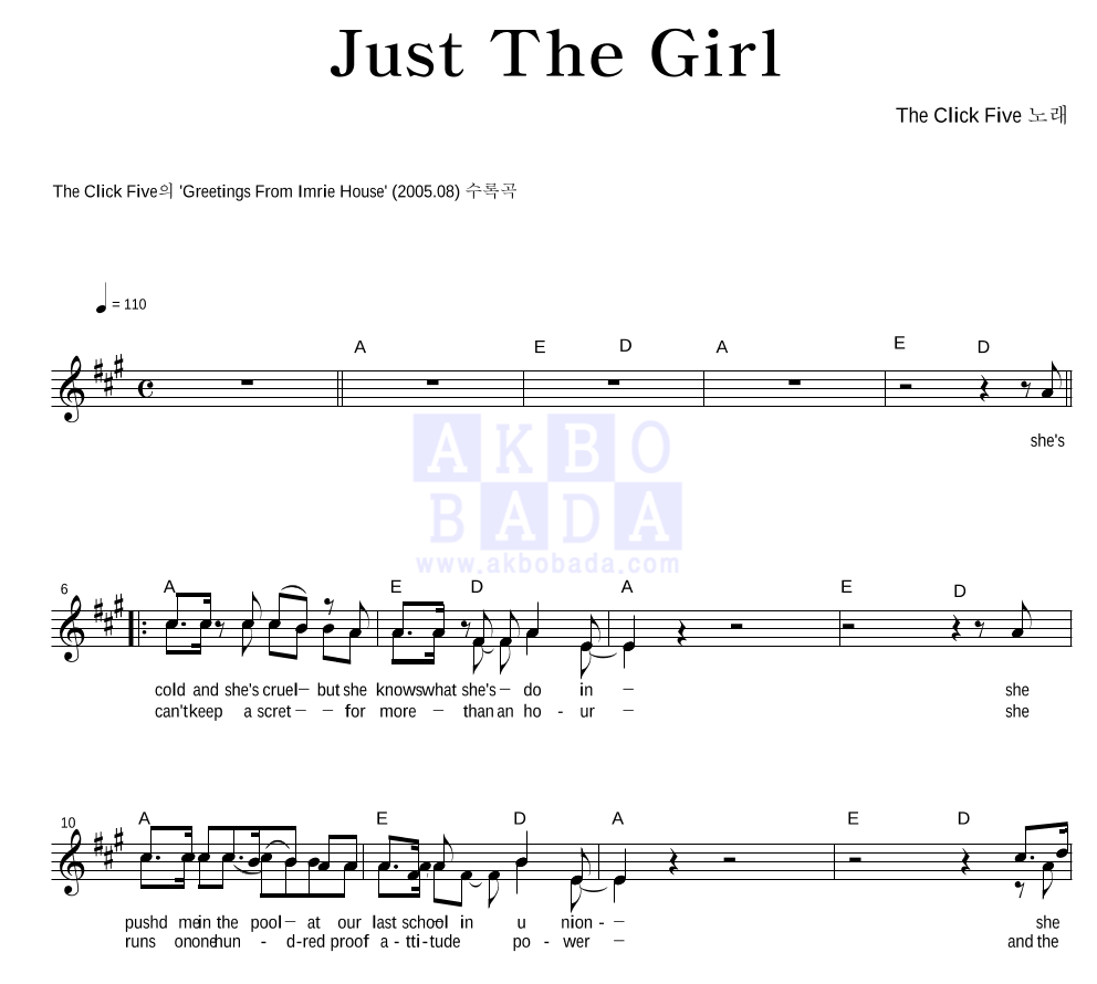 Just The Girl 멜로디 악보 미리보기