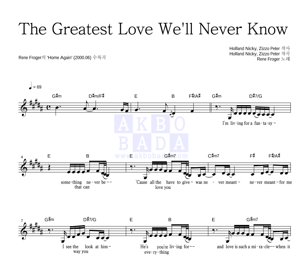 The Greatest Love We'll Never Know 멜로디 악보 미리보기