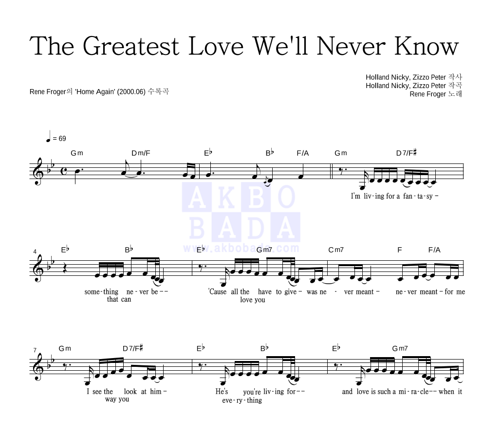 The Greatest Love We'll Never Know 멜로디 악보 미리보기