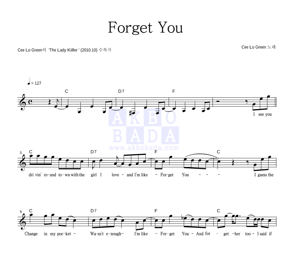 Forget You 멜로디 악보 미리보기