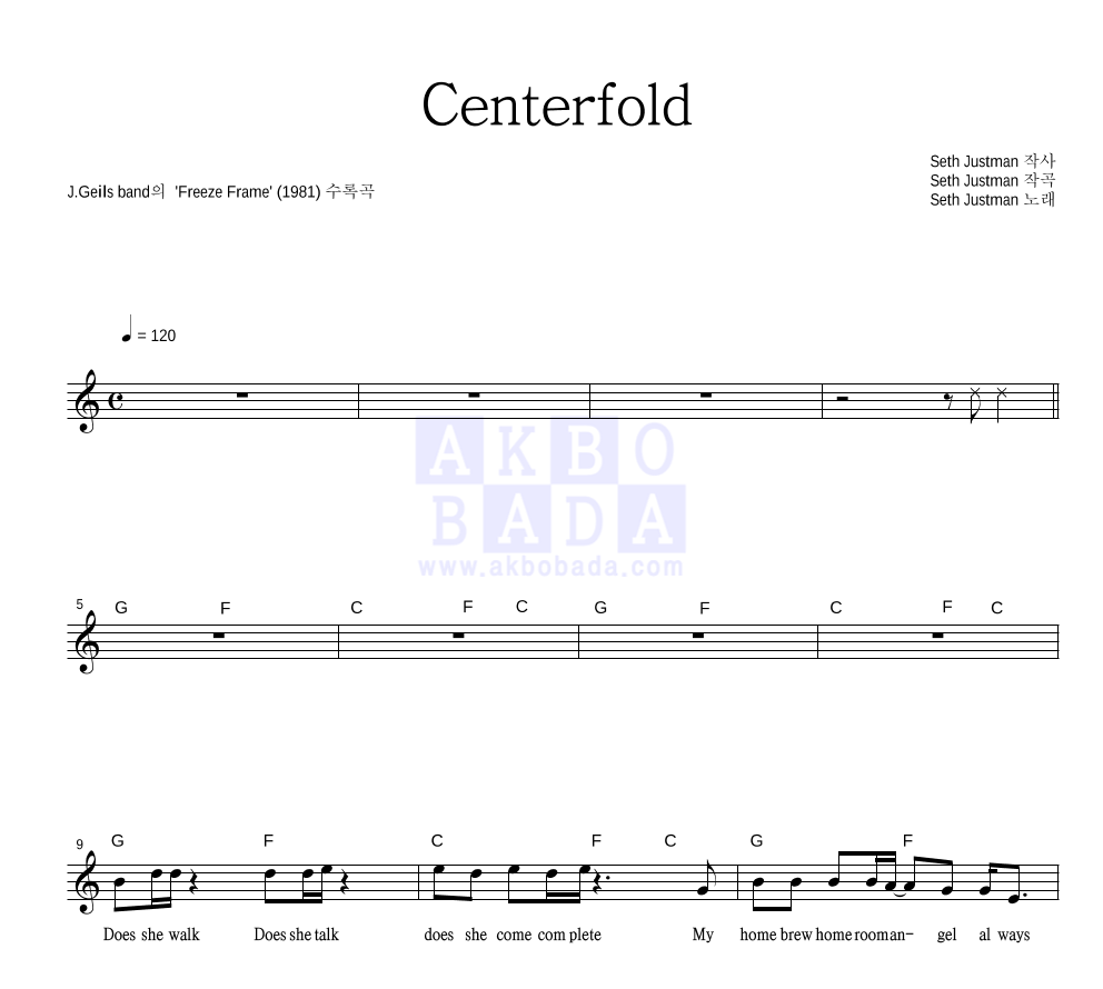 Centerfold 멜로디 악보 미리보기