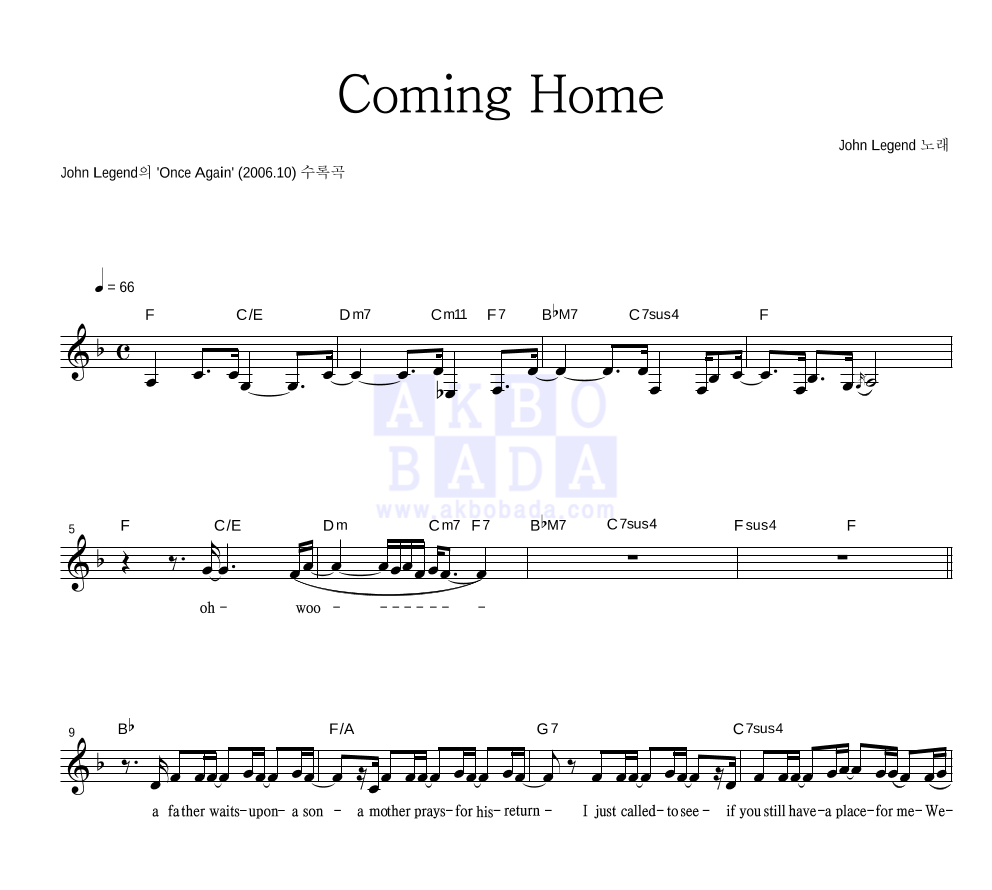 Coming Home 멜로디 악보 미리보기
