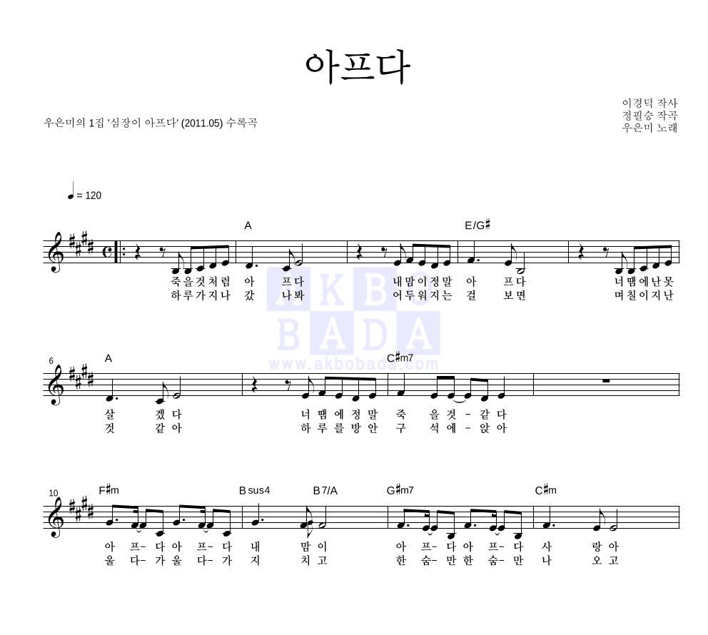 아프다 멜로디 악보 미리보기
