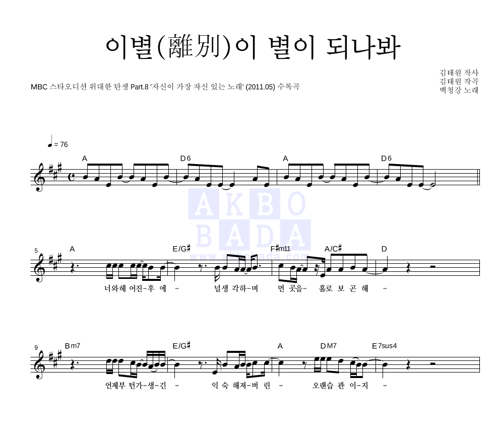 이별(離別)이 별이 되나봐 멜로디 악보 미리보기