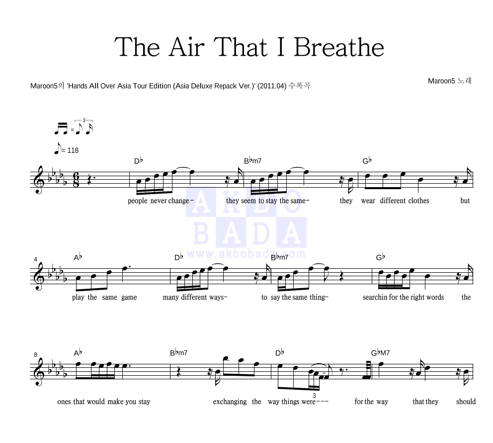 The Air That I Breathe 멜로디 악보 미리보기