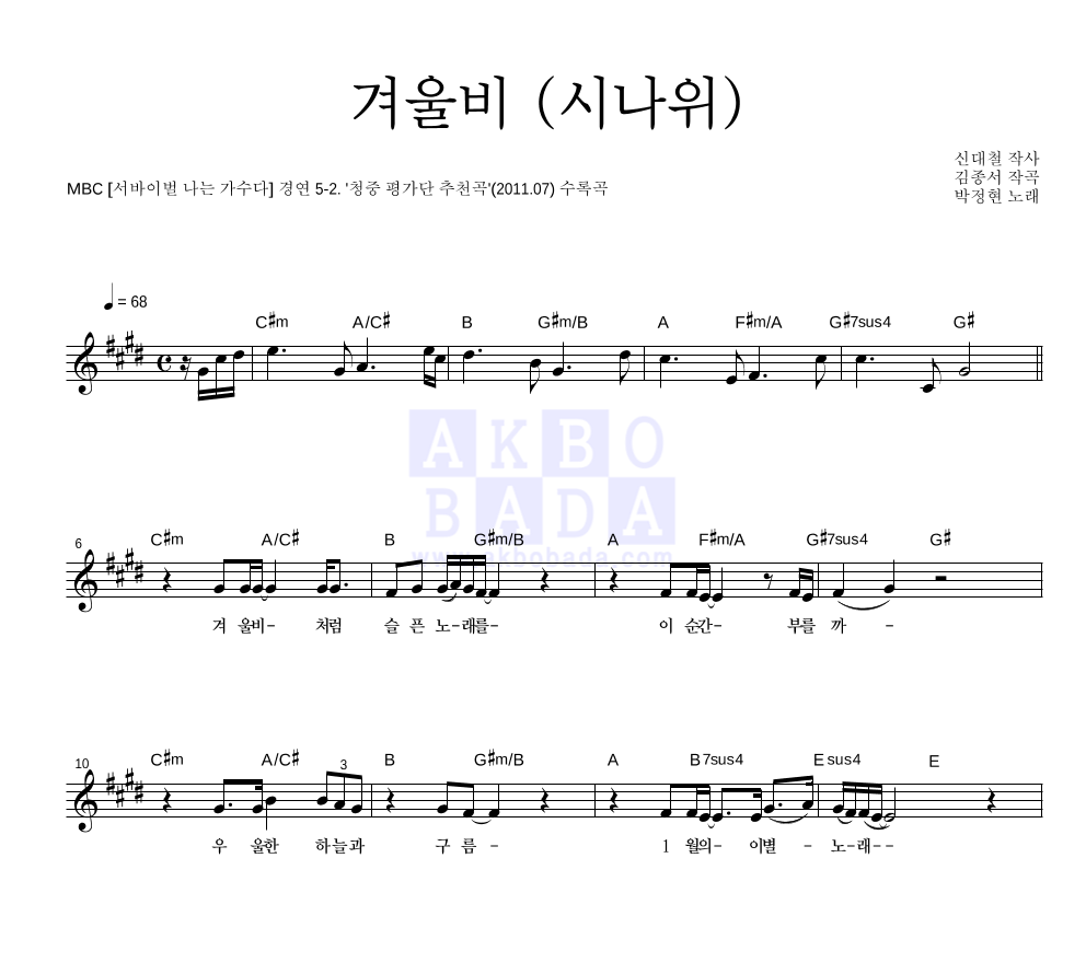 겨울비 (시나위) 멜로디 악보 미리보기