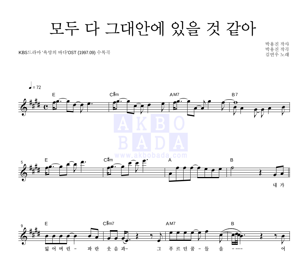 모두 다 그대안에 있을 것 같아 멜로디 악보 미리보기