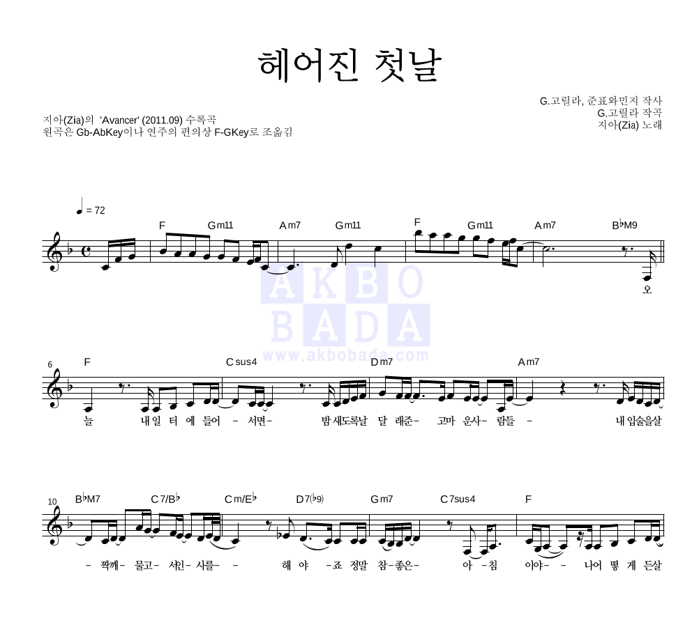 헤어진 첫날 멜로디 악보 미리보기